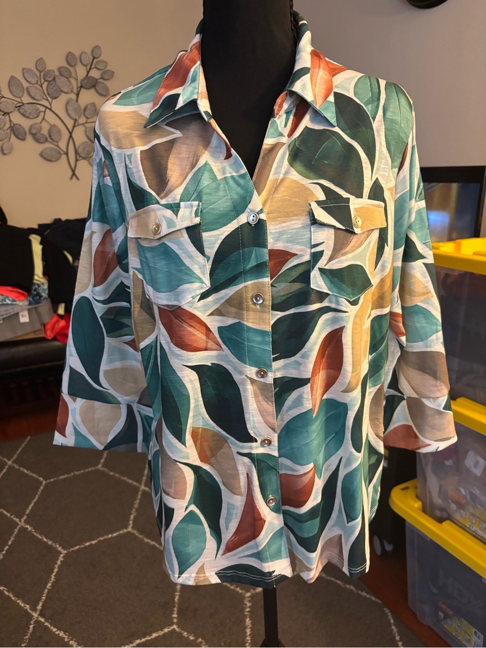 Alfred Dunner Teal Multi Leaf-Print Button Down Shirt